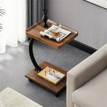 End Table with Rolling Wheels, C Shaped Side Table for Couch, Tv Tray Table with 2-Layer Storage Shelves for Small Spaces, Living Room, Bedroom
