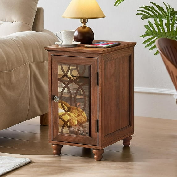 End Table with Shelf, Narrow Sofa Side Table with Glass Door for Living Room, Modern Bedside Table Nightstand for Bedroom (Brown)