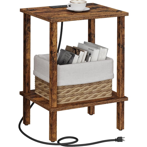 End Table with  Station, Small Side Table with Outlets, Nightstand Bedside Table, 2-Tier Storage Shelf for Small Space,  Room, , Brown TB01BB040C