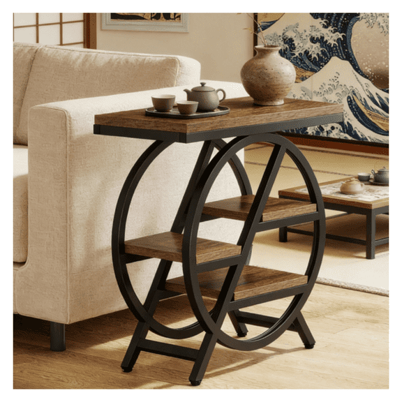 End Table with Storage, Industrial Side Table - Matte Black Metal Frame, Rustic Brown Wood Look - Small Living Room Coffee Table, Bedside Table
