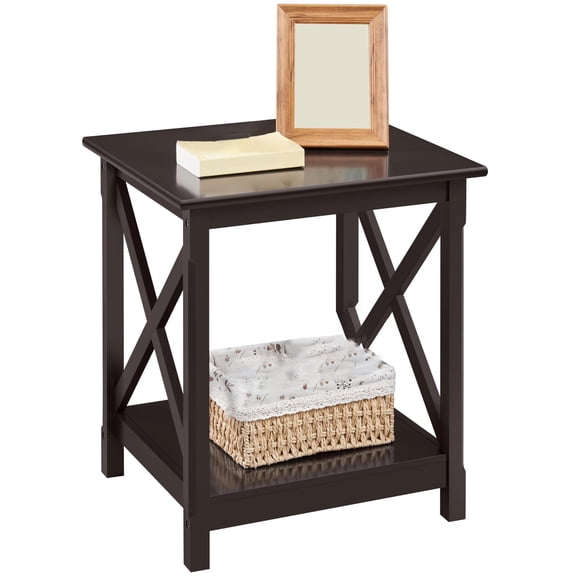 End Table with Storage Shelf, 2 Tier Strong Sofa Side Table for Living Room, Small Corner Table for Small Spaces, Classic X-Design, Brown