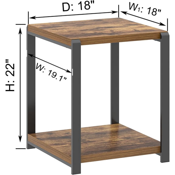 End Table with Storage Shelf, Modern Side Table for Living Room, Wood and Metal Bedside Table Nightstand, Rustic Brown