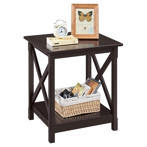 End Table with Storage, X-Design Sofa Side Table - 2 Tier Living Room Table, 20"W x 18"D x 22"H, Pine Wood, Dark Coffee