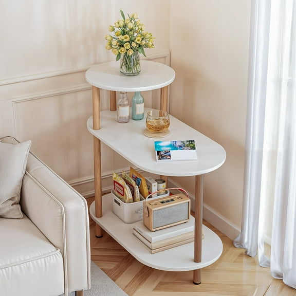 End Table with Wheels and Storage, 3 Tier Side Table, Couch Side Tables, Wood Round Side Table for Living Room, Bedroom, Small Space, Office, White