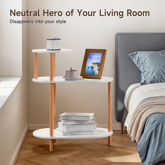 End Table with Wheels and Storage, 3 Tier Side Table, Couch Side Tables, Wood Round Side Table for Living Room, Bedroom, Small Space, Office, White