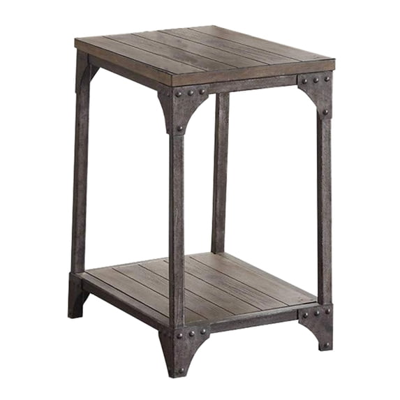 Industrial Style Metal and Wood Rectangular End Table, Oak Brown- Saltoro Sherpi