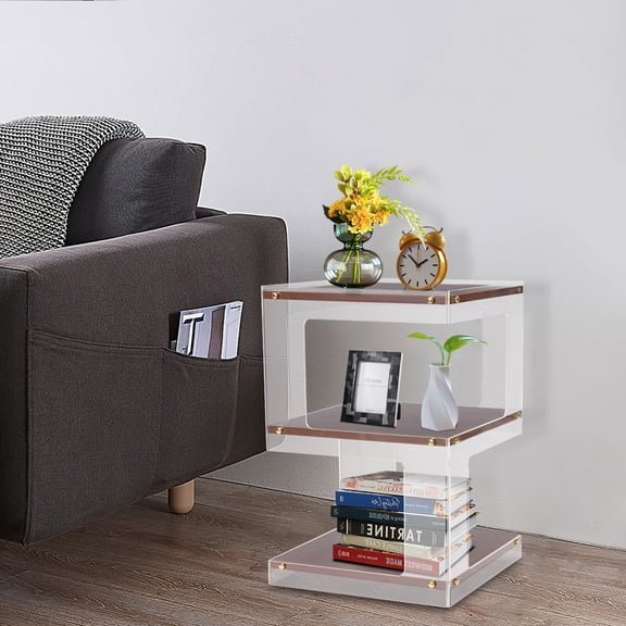 End Tables 3-Tier, Walnut Acrylic & MDF Side Table, 110.23 lbs Heavy Duty, 15mm Thick Board, Round Corner, for Living Room, Bedroom, Office
