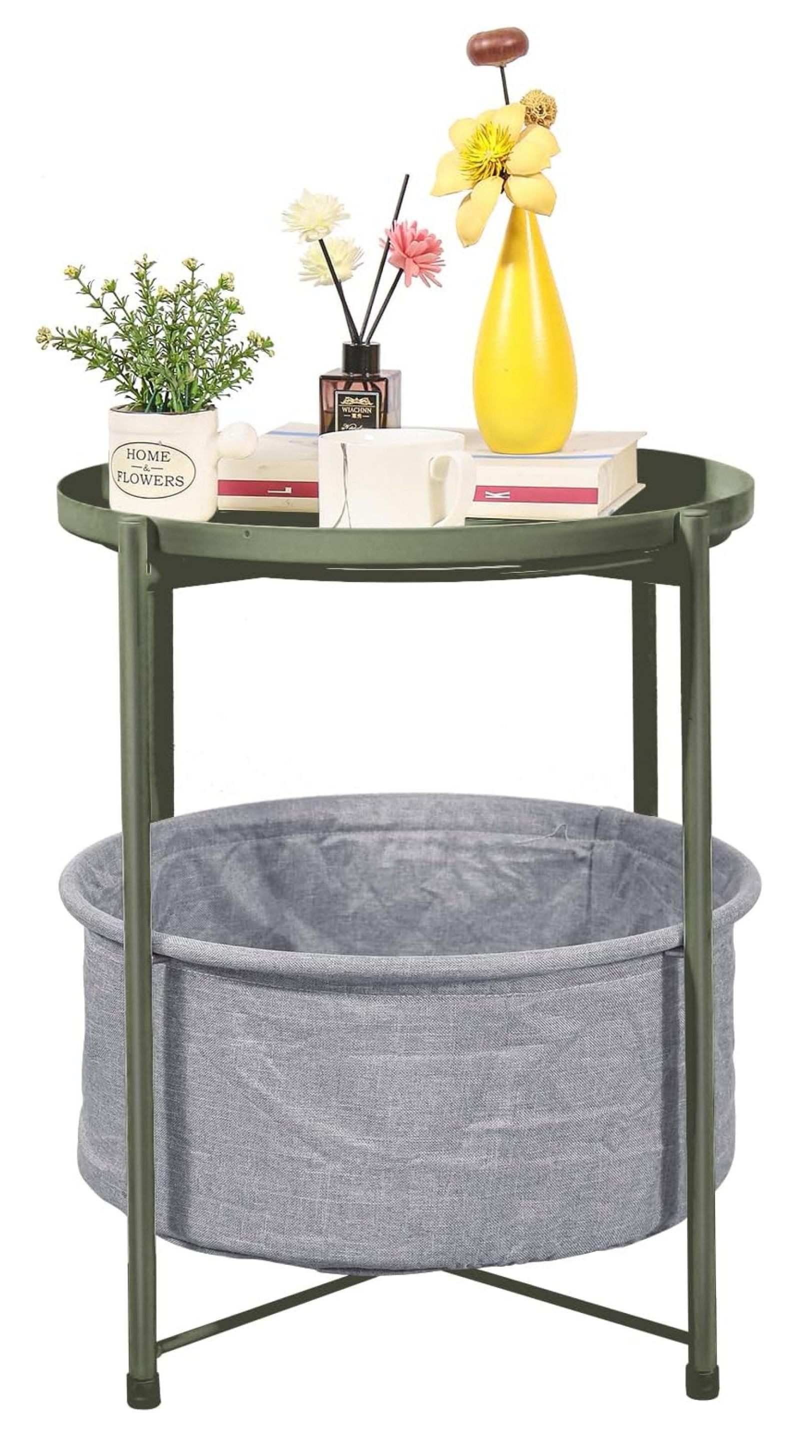 End Tables with Fabric Storage Basket, Small Round Side Table with ...