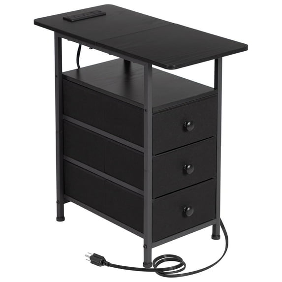 End Tables Living Room with Charging Station, Narrow Side Table with USB Ports and Outlets, Slim Nightstand with 3 Fabric Drawers for Bedroom, Small Space, Black