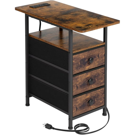 End Tables Living Room with Charging Station, Narrow Side Table with USB Ports and Outlets, Slim Nightstand with 3 Fabric Drawers for Bedroom, Small Space, Rustic Brown.