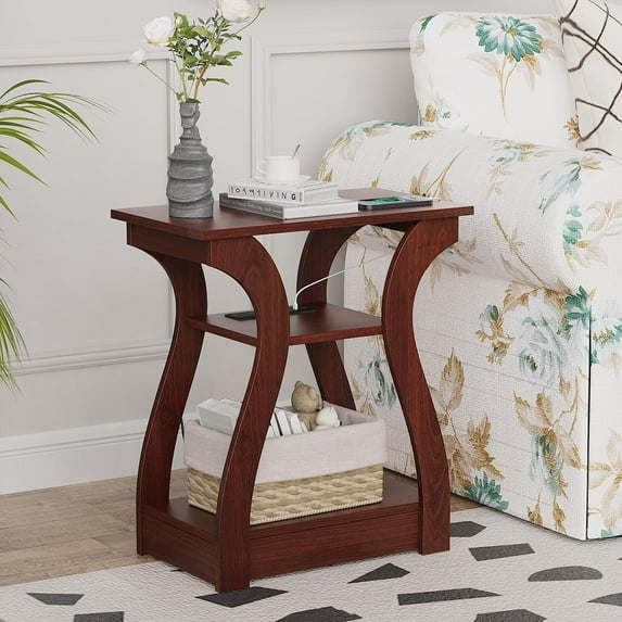 End Tables Living Room, End Table with Charging Station, Cherry End Table with USB,Side Table, Nightstand for Bedroom, 3 Tier End Table with Storage Shelf for Living Room(Cherry)