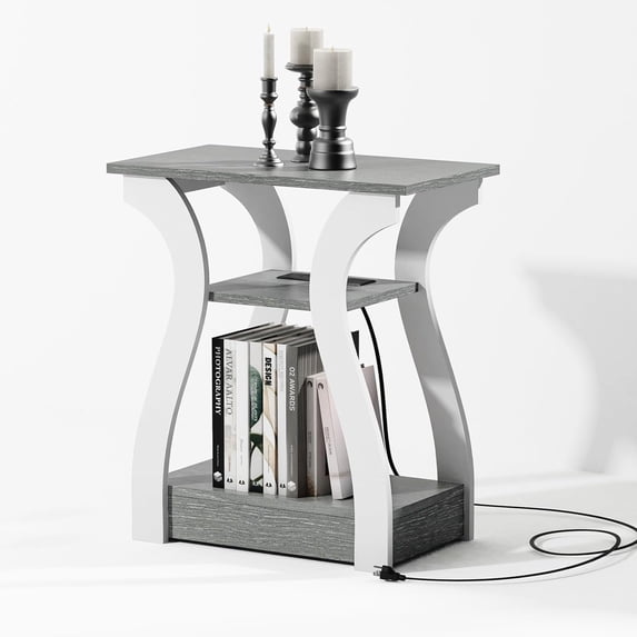 End Tables Living Room, End Table with Charging Station, Grey End Table with USB,Grey Side Table, Nightstand for Bedroom, 3 Tier End Table with Storage Shelf for Living Room Grey