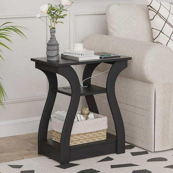 End Tables Living Room, End Table end Table with Charging Station and USB,Navy Blue Side Table, Nightstand for Bedroom,3 Tier End Table with Storage Shelf for Living Room