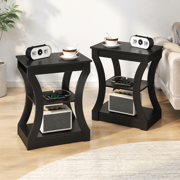 End Tables Living Room Set Of 2 With Charging Station Black