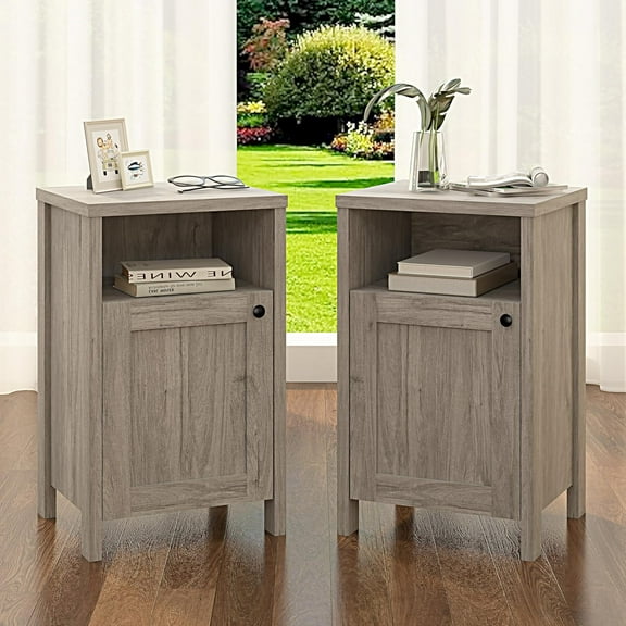 End Tables Living Room Set of 2, Farmhouse Sofa Side Table Nightstand with Storage Shelf, Wood Bedside Furniture for Bedroom, Grey Oak