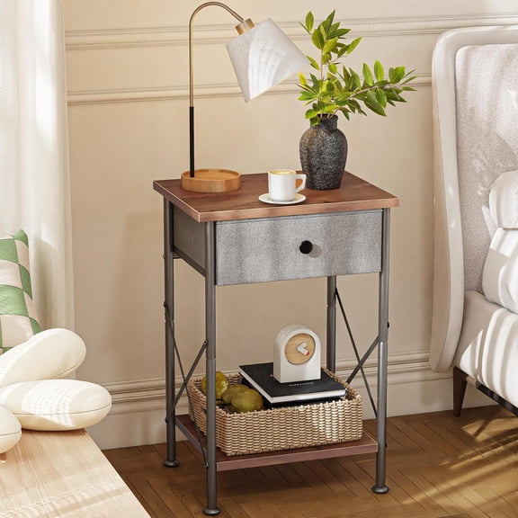 End Tables, Modern Nightstand with Fabric Drawer & Open Shelf, Night Stand for Bedroom Living Room, Industrial Metal Frame, Easy Assembly, Vintage Brown,1 Pack