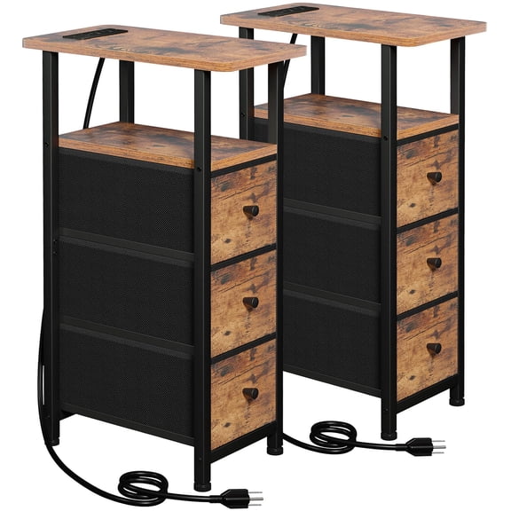 End Tables Rustic Brown + Black Power Set of 2 Narrow Skinny Side Table for Small Spaces
