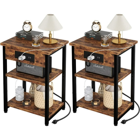 End Tables Set of 2 with Charging Station USB Ports, 3 Tier Tall Night Stand with Storage Shelves, Record Player Stand Narrow Side Table for Small Space Living Room Bedroom Office, Rustic Brown