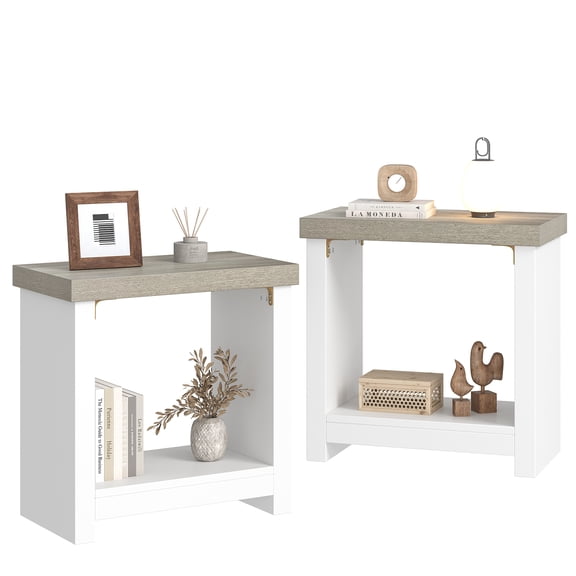 End Tables Set of 2 for Living Room, Narrow Side Tables with Storage Shelves, Square End Table for Bedroom, Slim Nightstand, Skinny Rectangle Accent Table, Farmhouse Bedside Table, White + Gray