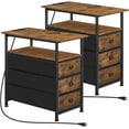 thumbnail image 1 of End Tables Set of 2, Narrow Side Table with Charging Station, Nightstand with 3 Non-Woven Fabric Drawers, Bedside Table for Small Spaces, for Living Room, Rustic Brown and Black, 1 of 9
