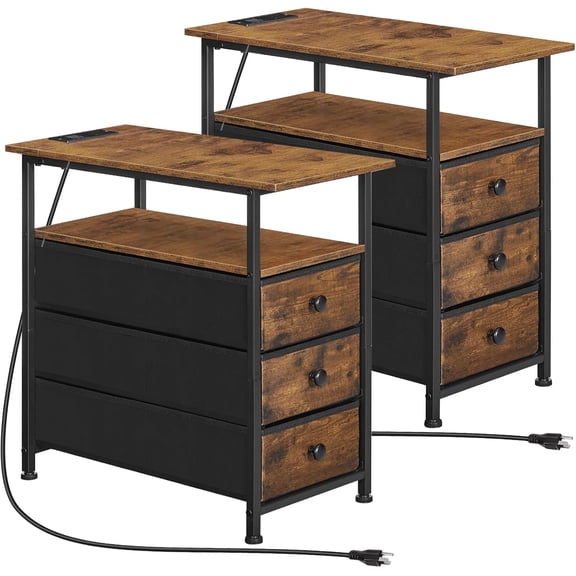 End Tables Set of 2, Narrow Side Table with Charging Station, Nightstand with 3 Non-Woven Fabric Drawers, Bedside Table for Small Spaces, for Living Room, Rustic Brown and Black