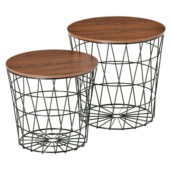 End Tables Set of 2, Nesting Side Tables with Storage, Round Accent Tables with Removable Top for Living Room Bedroom, Rustic Industrial Dcor - Black/Brown