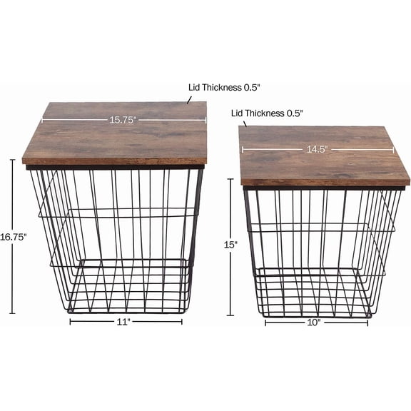 End Tables Set of 2 - Nesting Tables with Removable Wood Tops and Metal Basket Bases for Blanket Storage - Square Side Furniture for Living Room, Bedroom, or Home Office by (Brown)