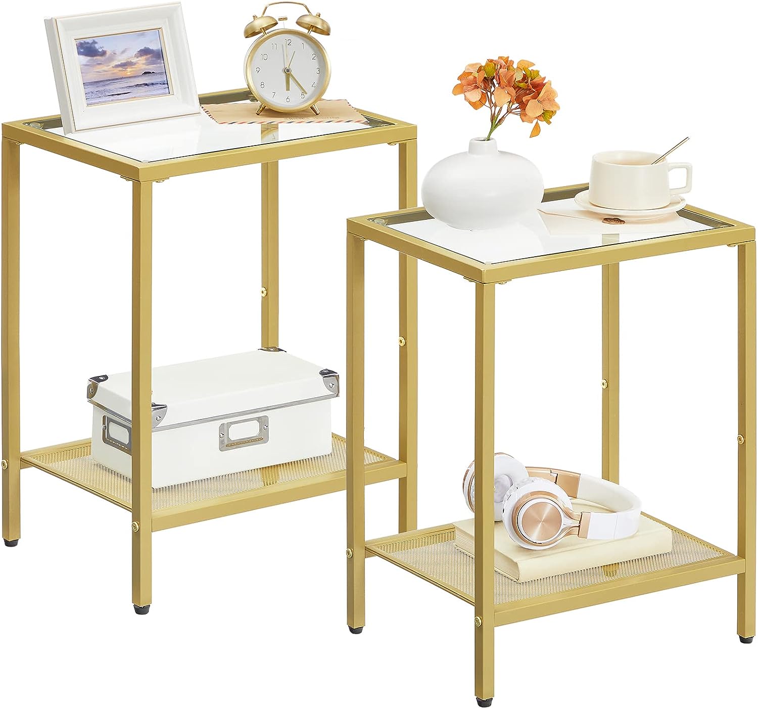 End Tables Set of 2, Side Table with Tempered Glass Top, Narrow Beside