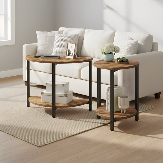 End Tables Set of 2 - Half Round Design with Shelves - Rustic Industrial Style