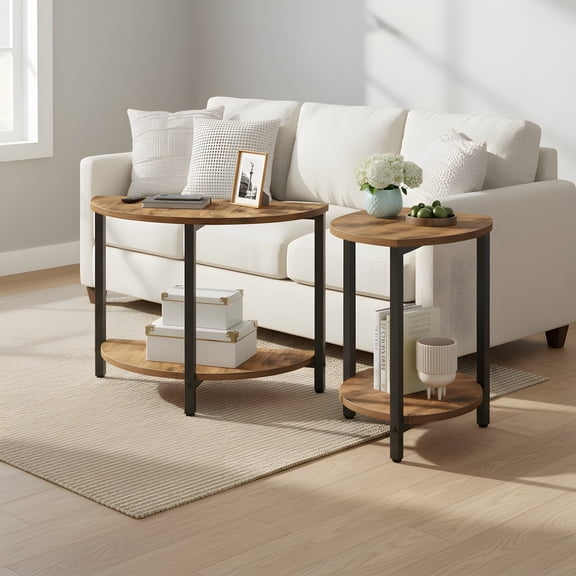 End Tables Set of 2 - Half Round Design with Shelves - Rustic Industrial Style