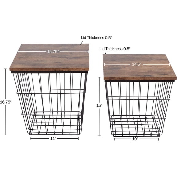 End Tables Set of 2 - Nesting Tables with Removable Wood Tops and Metal Basket Bases for Blanket Storage
