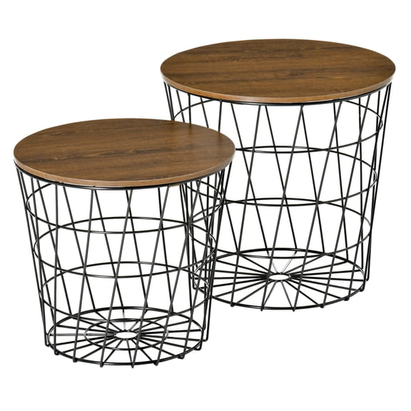 End Tables Set of 2, Nesting Tables with Storage, Round Accent Side Tables with Removable Top for Living Room, Bedroom, Black / Brown