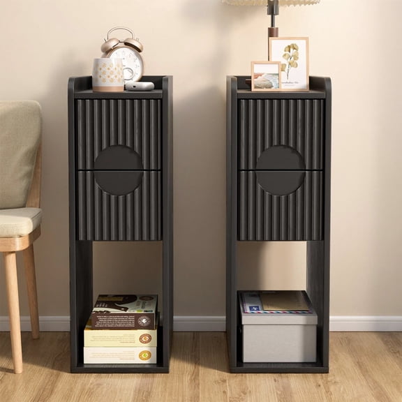 End Tables Set of 2, Small Side Table, Slim Side Table, Wood 2 Drawer Narrow Nightstand