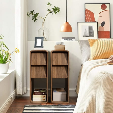 Narrow Nightstand Set of 2, Small Bedside End Table with 2 Drawers, Slim Modern Night Stand for Bedroom, Living Room, Walnut