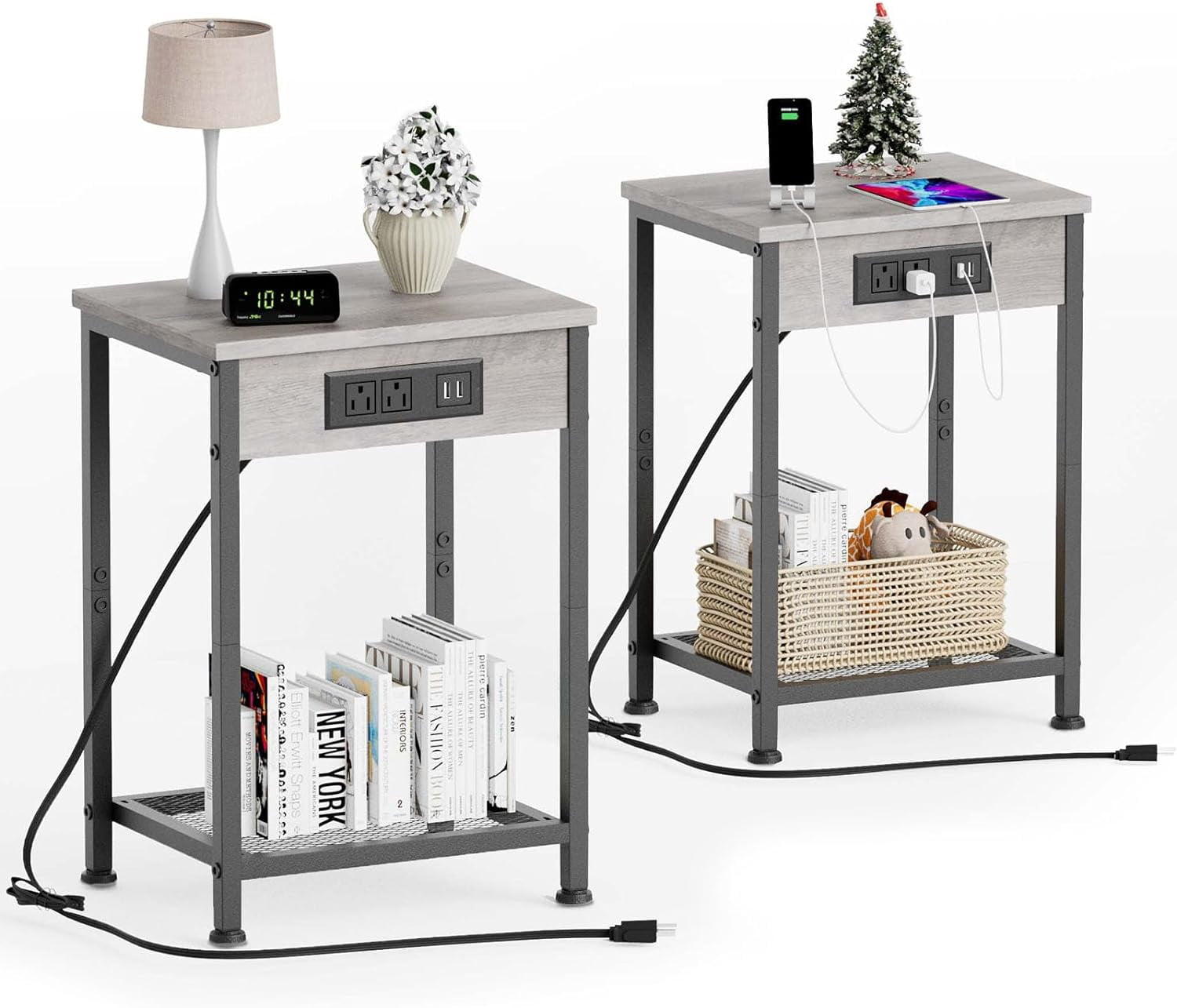 End Tables Set of 2 with Charging Station, Nightstands with USB Ports