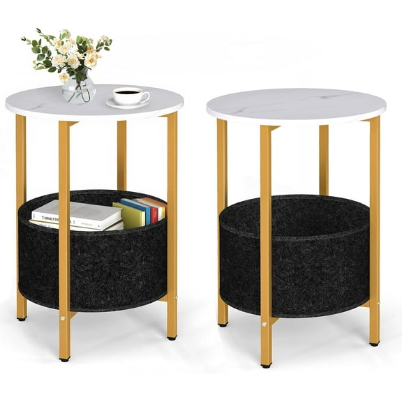 End Tables Set of 2 with Fabric Storage Basket, Small Round Side Table Night Stand Bedside Tables for Living Room Bedroom,White