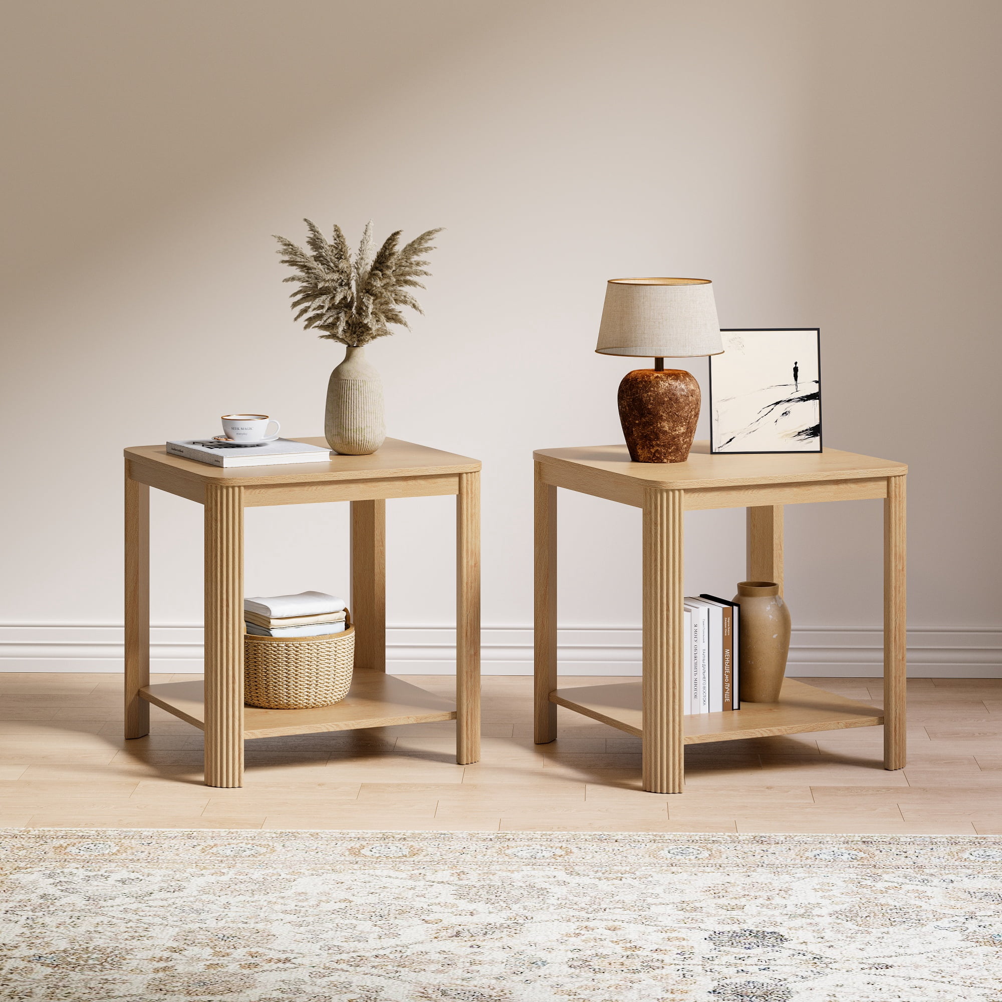 End Tables Set of 2 with Rounded Corners and Vertical Wave Legs, Square Nightstand and 2-Tier Side Table for Living Room Bedroom, Oak