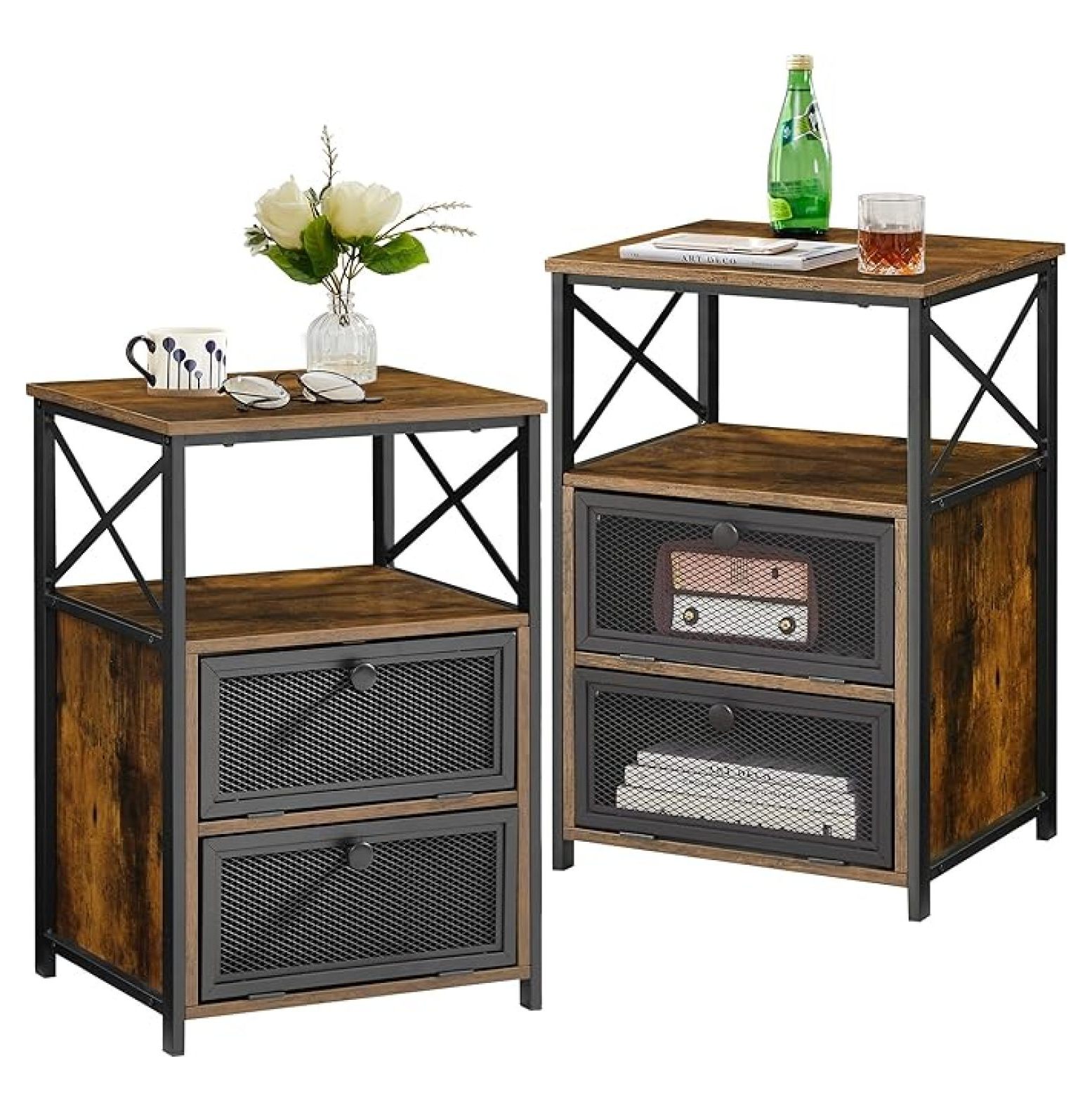 End Tables Set of 2 with Storage, Nightstand with Door, Rustic Brown ...