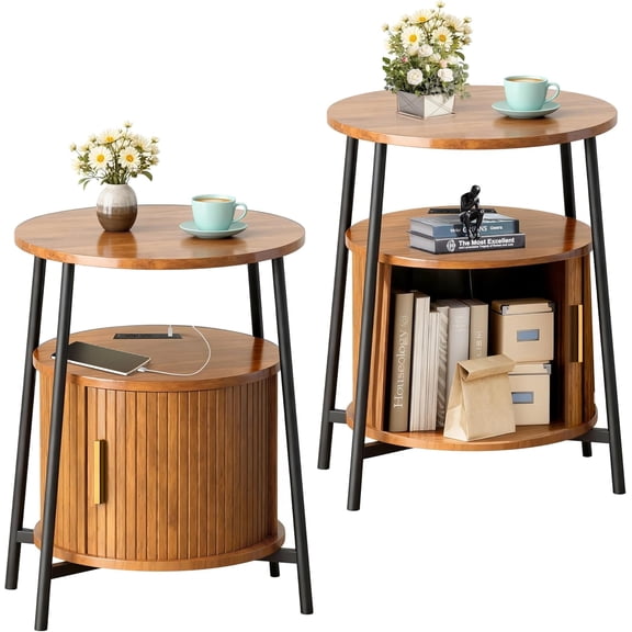 End Tables Side Table with Storage, Fluted Nightstand with Charging Station, Small Mid-Century Modern Bedside Tables, Side Table for Small Space Living Room Bedroom Sofa Couch (2, Yellow Walnut)