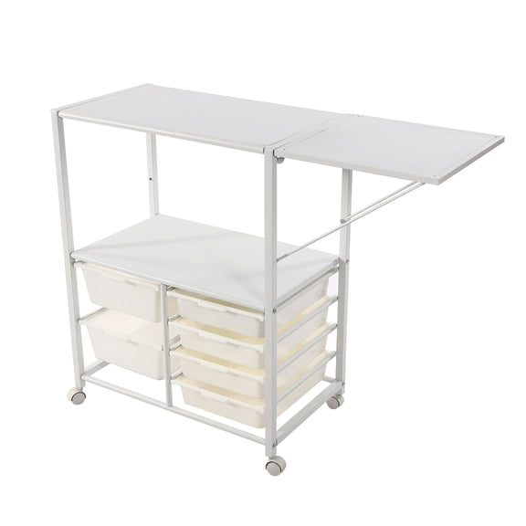 End Tables, Storage Rack, Hanging Baskets, White Carbon Steel Expandable Side Table, 2 Platforms, 6 Drawers, Mobile Utility Shelf, Waterproof Moisture Proof, Universal Wheels, For Bathroom, Kitchen
