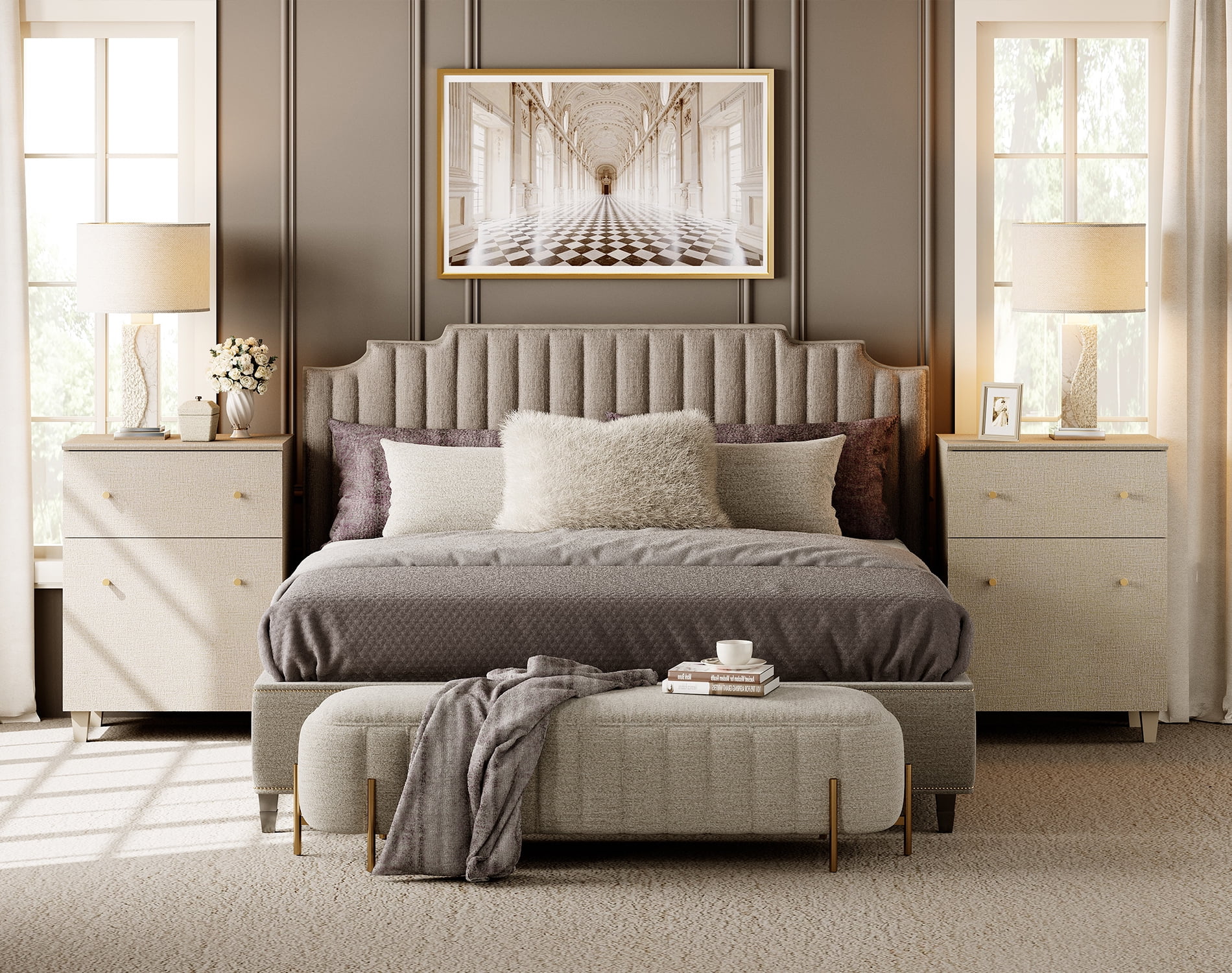 End Tables for Living Room, Set of 2 Beige Bedside Tables, Large Nightstand with 1 Drawer and 1 Door for Bedroom