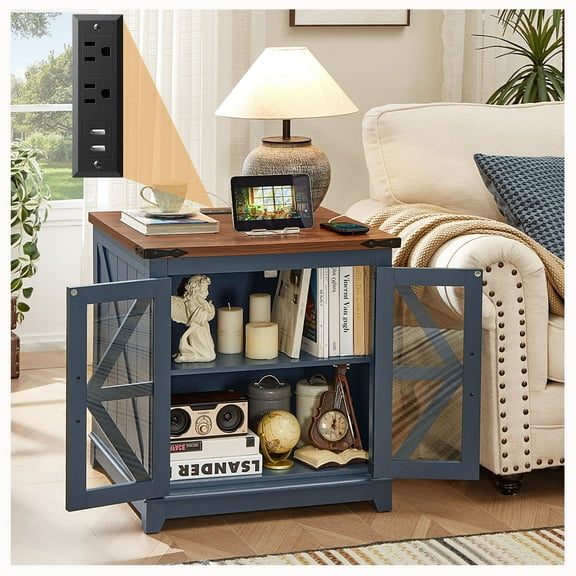 End Tables for Living Room with Charging Station & LED Light, Nightstand for Bedroom with Glass Door and Adjustable Shelf, Blue