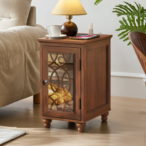 End Tables for Living Room with Charging Station, Nightstand for Small Spaces Bedoom with Glass Door and Adjustable Shelf, Brown