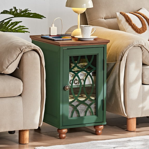 End Tables for Living Room with Charging Station, Nightstand for Small Spaces Bedoom with Glass Door and Adjustable Shelf, Green