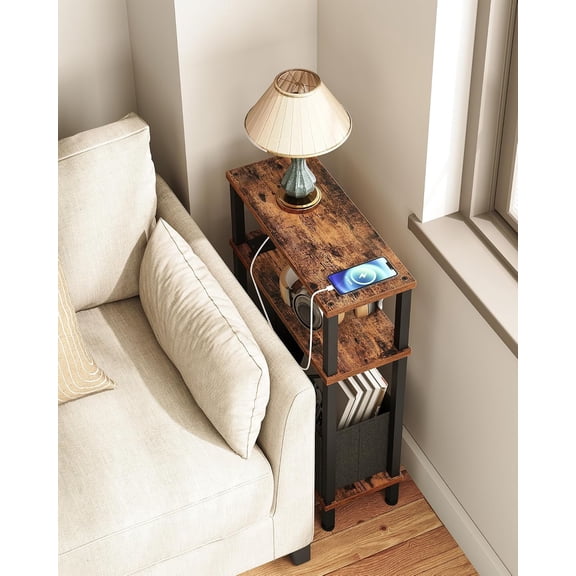 End Tables with Charging Station, Narrow Side Table for Small Spaces, Slim Nightstand with Basket, Skinny Bedside Table, for Living Room, Bedroom,