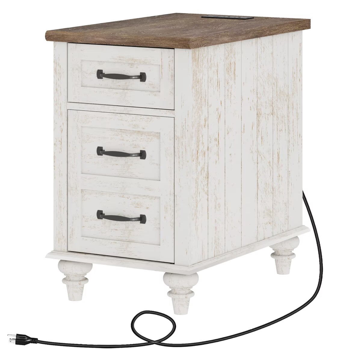 End Tables with Drawer & Cabinet, Antique White Side Table Nightstand with Charging Station for Living Room & Bedroom