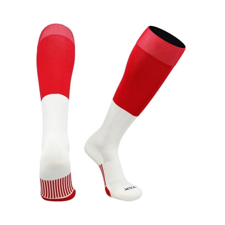 End Zone Football Socks Long Over the Calf (Scarlet/White, Small)