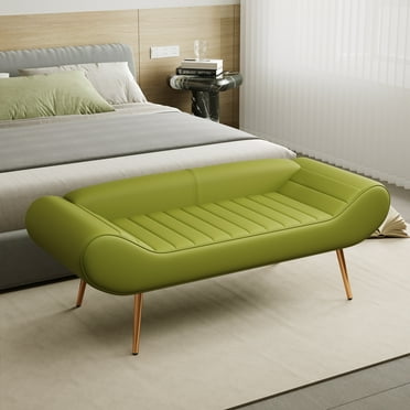 End of Bed Bench, 57 inch Sofa Stool with Backrest & Metal Legs, PVC Fabric Ottoman Bench for Living Room Bedroom Entryway