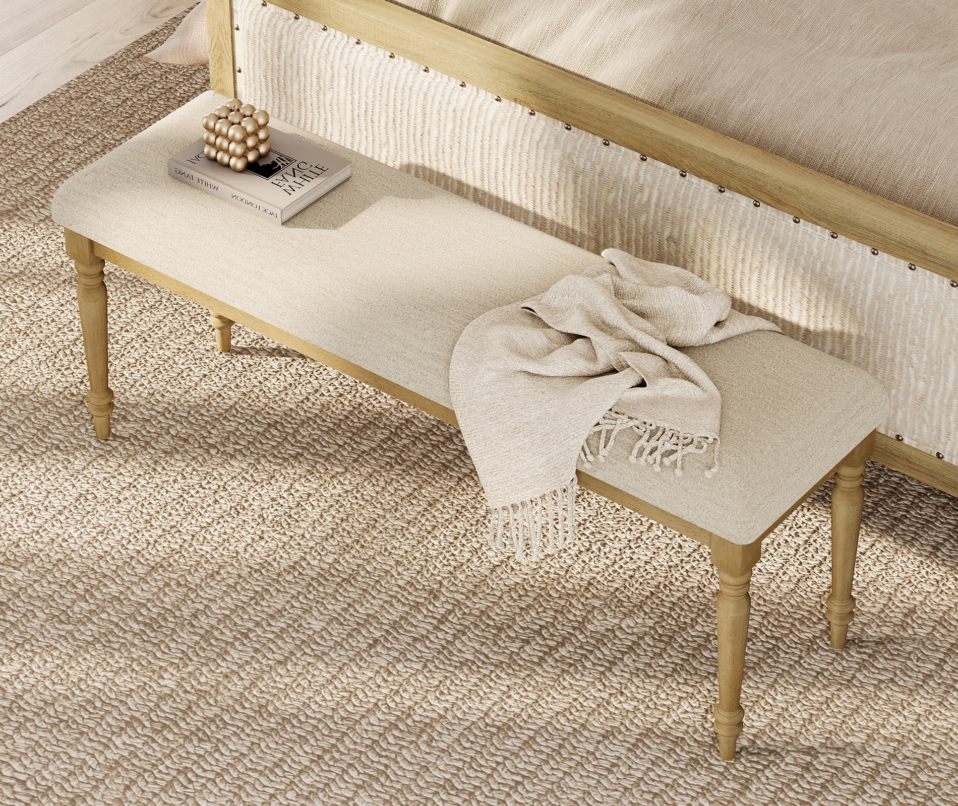 End of Bed Bench for Bedroom, Upholstered Bench for Entryway, Oak, 52 Inch