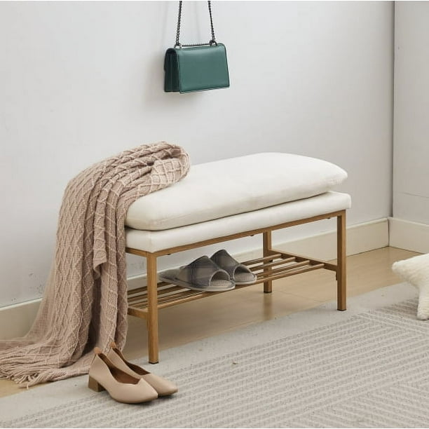End of Bed Bench with Shelf Linen Upholstered Shoe Storage Bench Beige